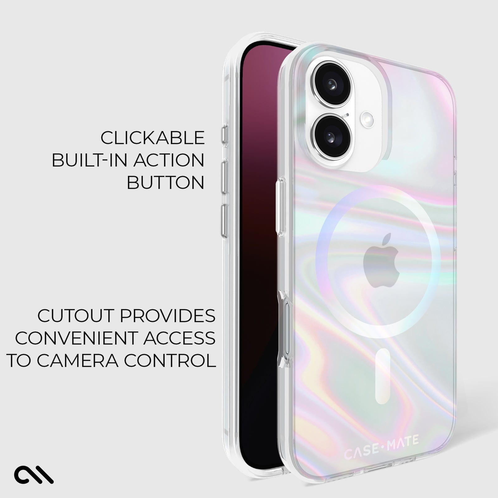 CLICKABLE BUILT-IN ACTION BUTTON. CUTOUT PROVIDES CONVENIENT ACCESS TO CAMERA CONTROL