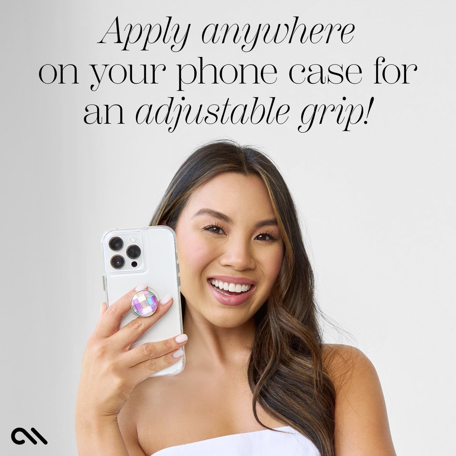 APPLY ANYWHERE ON YOUR PHONE CASE FOR AN ADJUSTABLE GRIP