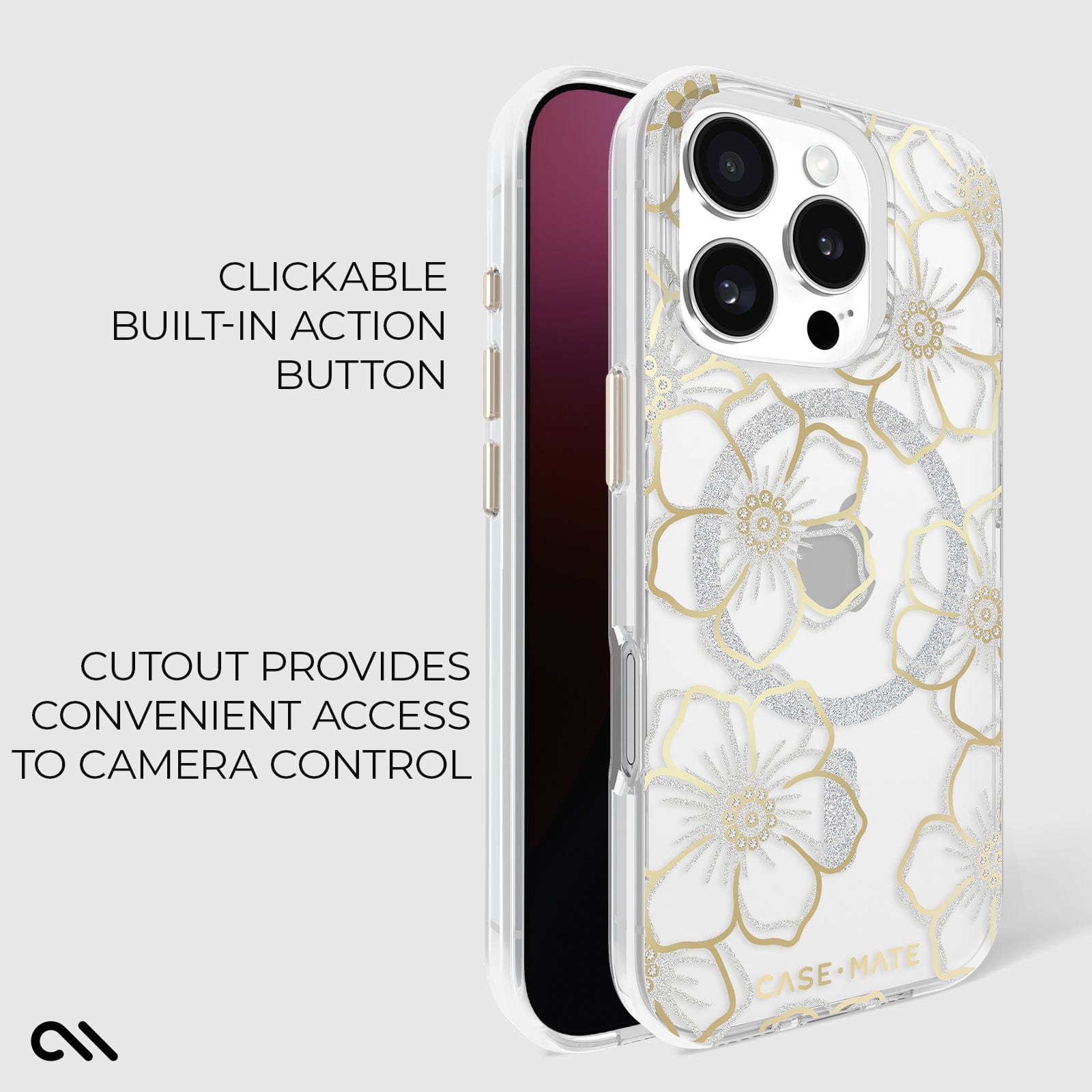 CLICKABLE BUILT IN ACTION BUTTON. CUTOUT PROVIDES ACCESS TO CAMERA CONTROL.