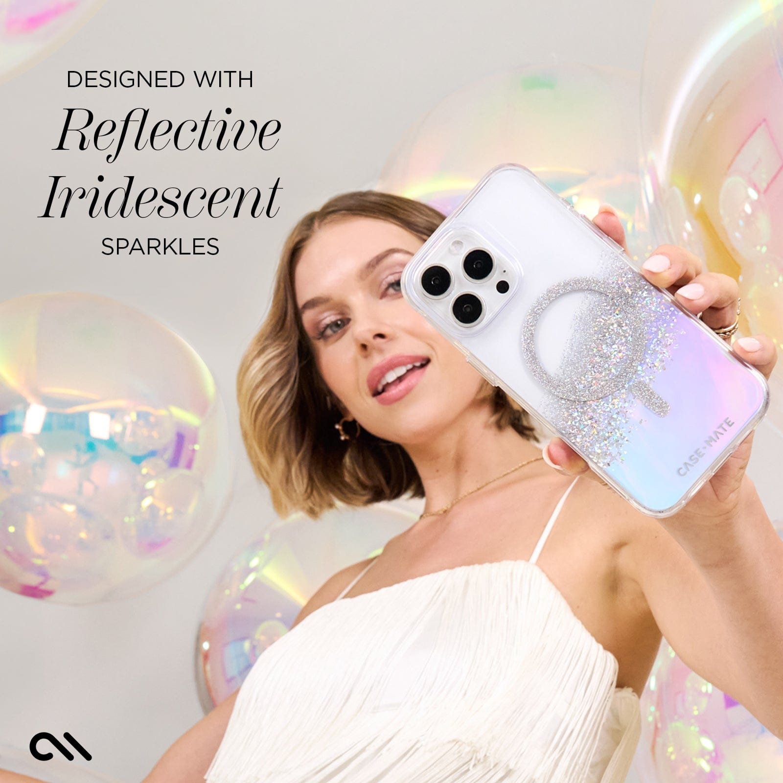 DESIGNED WITH REFLECTIVE IRIDESCENT SPARKLES.