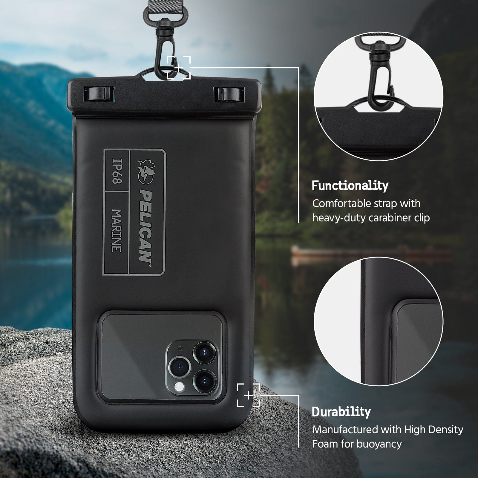 Functionality. Comfortable strap with heavy-duty carabiner clip. Durability. Manufactured with high density foam for buoyancy.